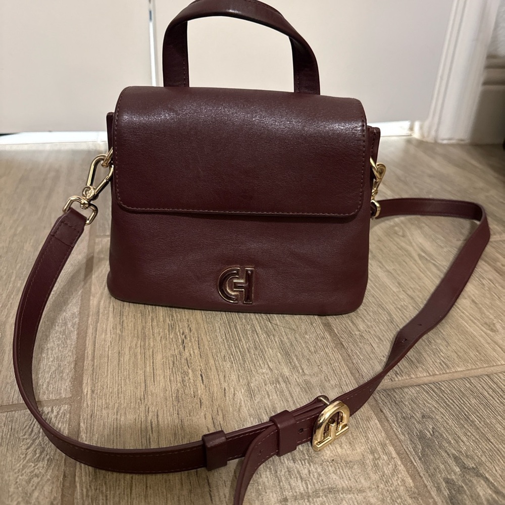 Cole Haan Burgundy Leather Mini Top Handle Crossbody Gold Hardware